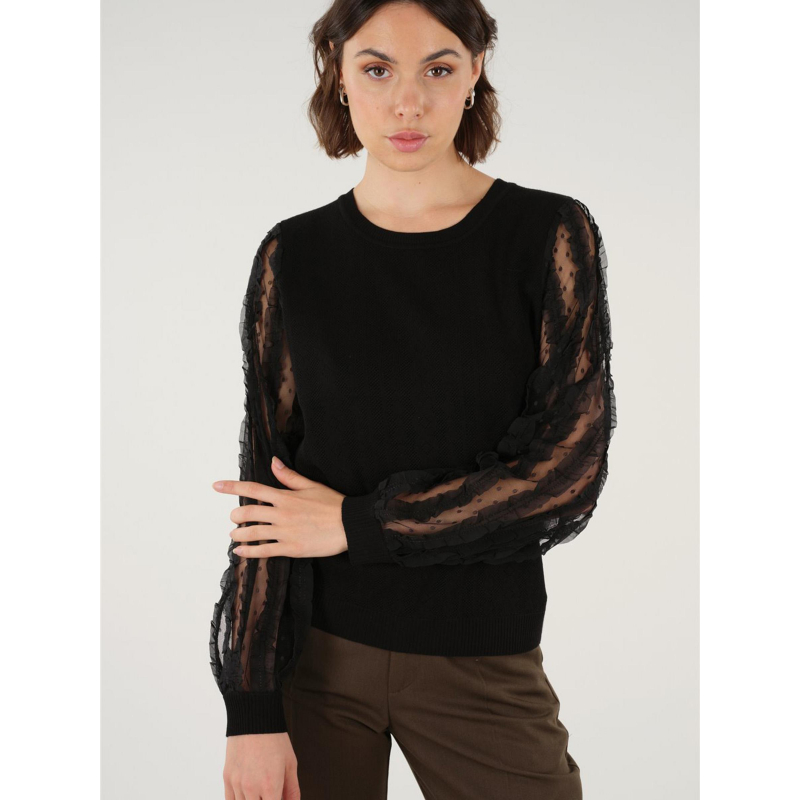 Pull fin manches transparentes edwige noir femme - Deeluxe