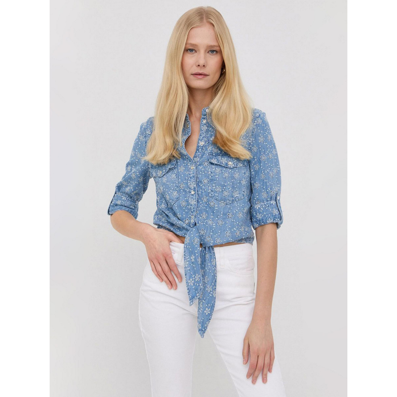 Chemisier jean floral noeud bleu femme - Guess