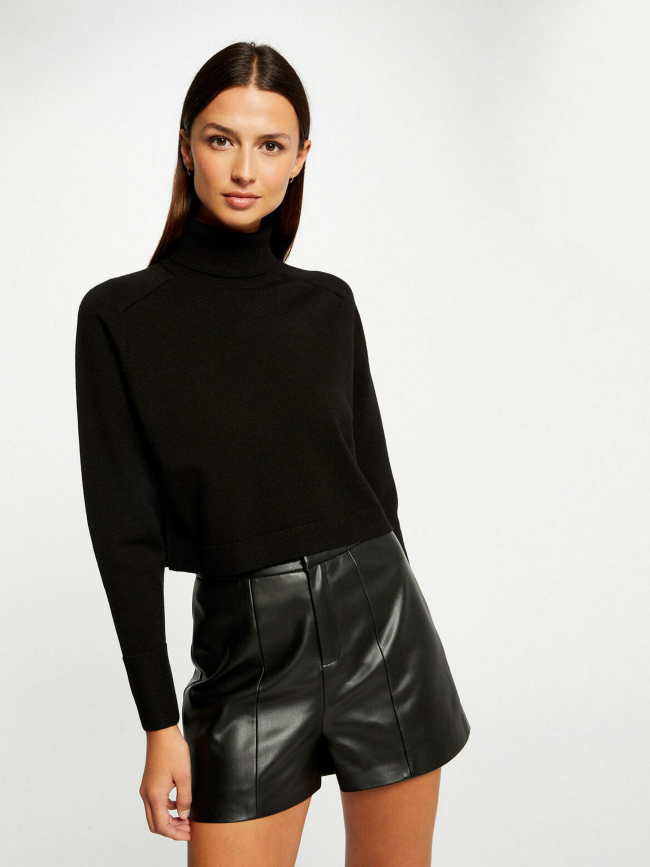 Pull crop col roulé court noir femme - Morgan