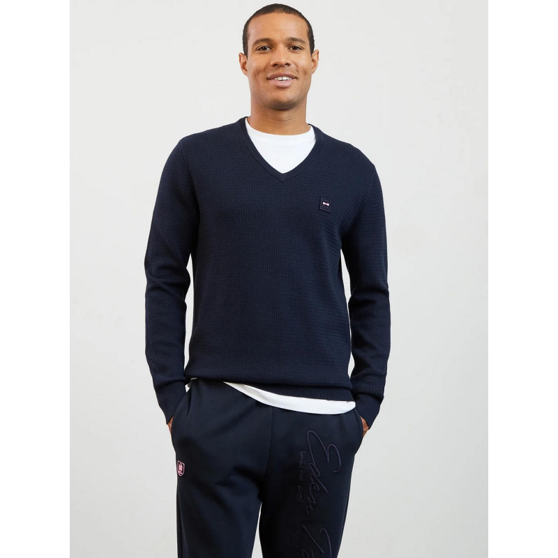 Pull col v uni logo bleu marine homme - Eden Park