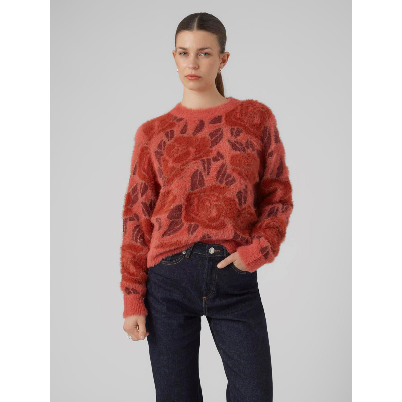 Pull à fleurs col rond rose rouge femme - Vero Moda