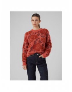 Pull à fleurs col rond rose rouge femme - Vero Moda