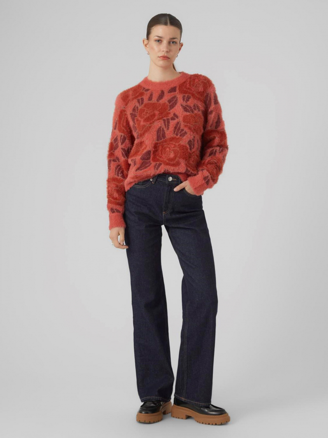 Pull à fleurs col rond rose rouge femme - Vero Moda