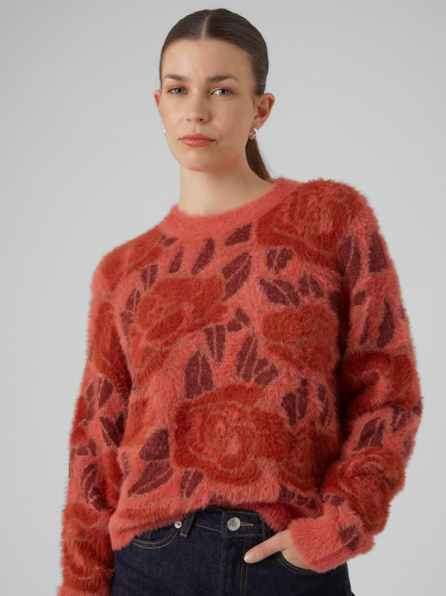 Pull à fleurs col rond rose rouge femme - Vero Moda