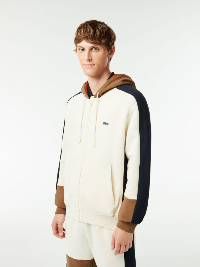 Sweat à capuche colorblock blanc crème homme - Lacoste