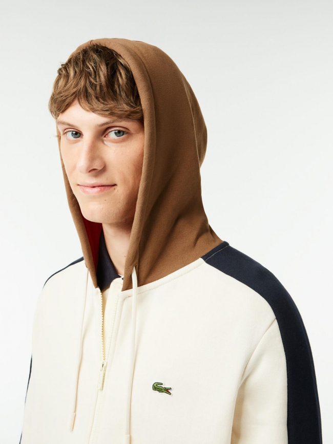 Sweat à capuche colorblock blanc crème homme - Lacoste