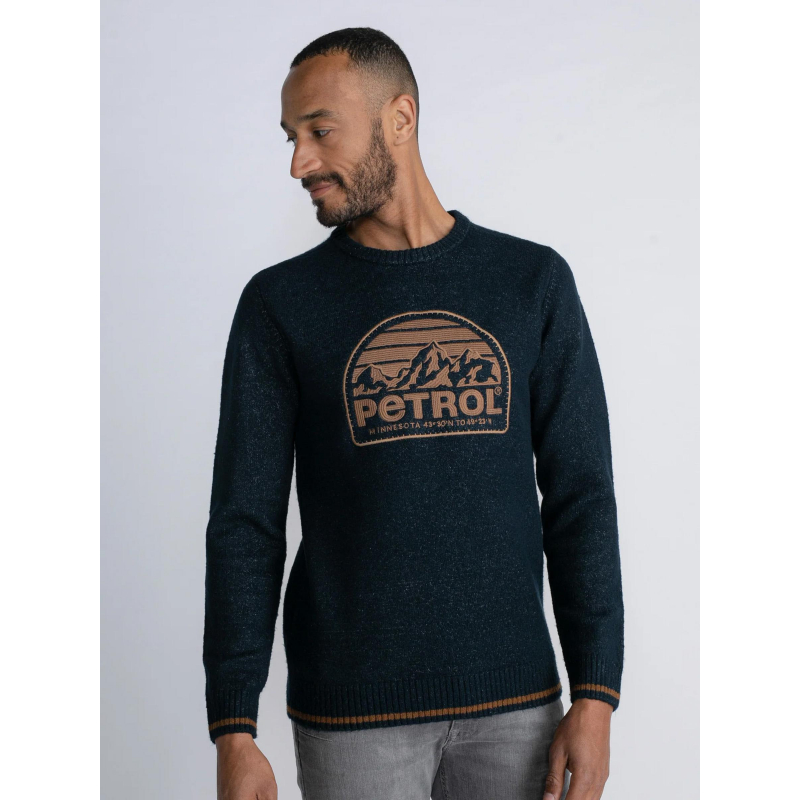 Pull col rond logo brodé marron bleu homme - Petrol Industries