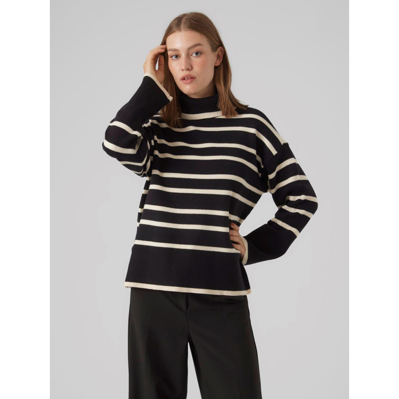 Pull col roulé à rayures saba noir écru femme - Vero Moda