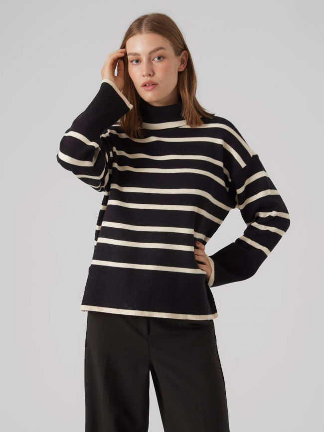 Pull col roulé à rayures saba noir écru femme - Vero Moda