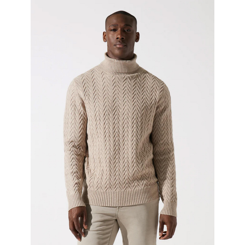 Pull col roulé torsade bepis beige homme - Izac