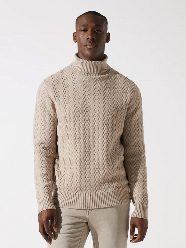 Pull col roulé torsade bepis beige homme - Izac