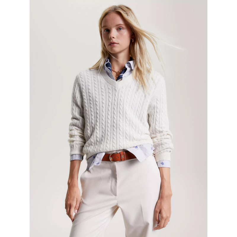 Pull en laine doux col v blanc femme - Tommy Hilfiger