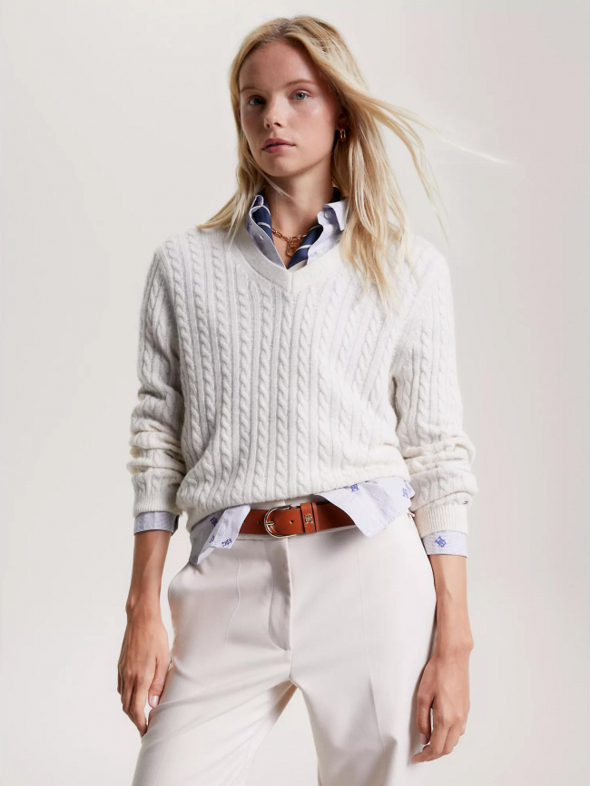 Pull en laine doux col v blanc femme - Tommy Hilfiger