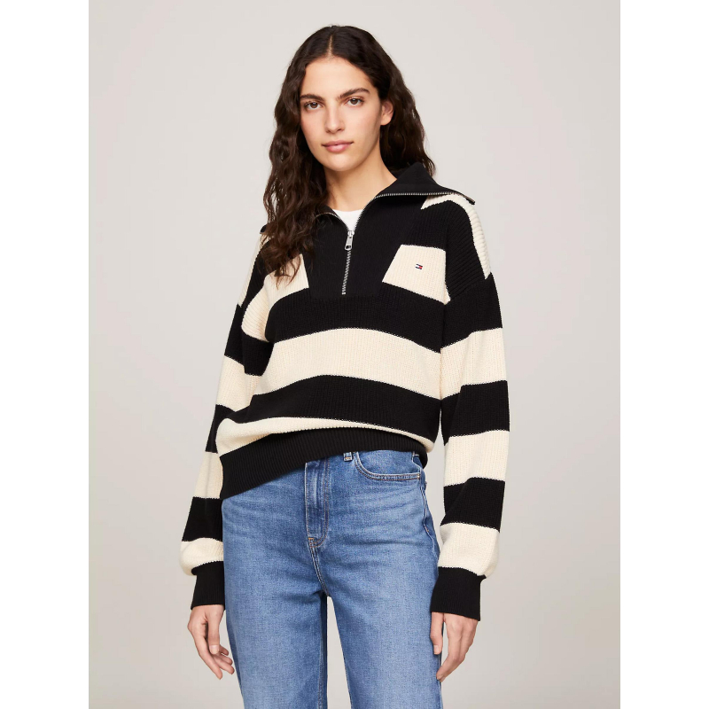 Pull rayé col zippé cardi stitch noir écru femme - Tommy Hilfiger