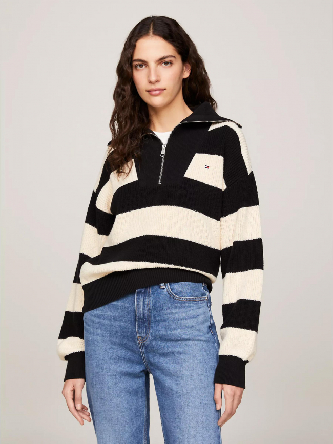 Pull rayé col zippé cardi stitch noir écru femme - Tommy Hilfiger