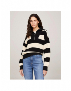 Pull rayé col zippé cardi stitch noir écru femme - Tommy Hilfiger