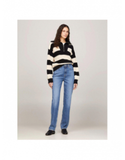 Pull rayé col zippé cardi stitch noir écru femme - Tommy Hilfiger