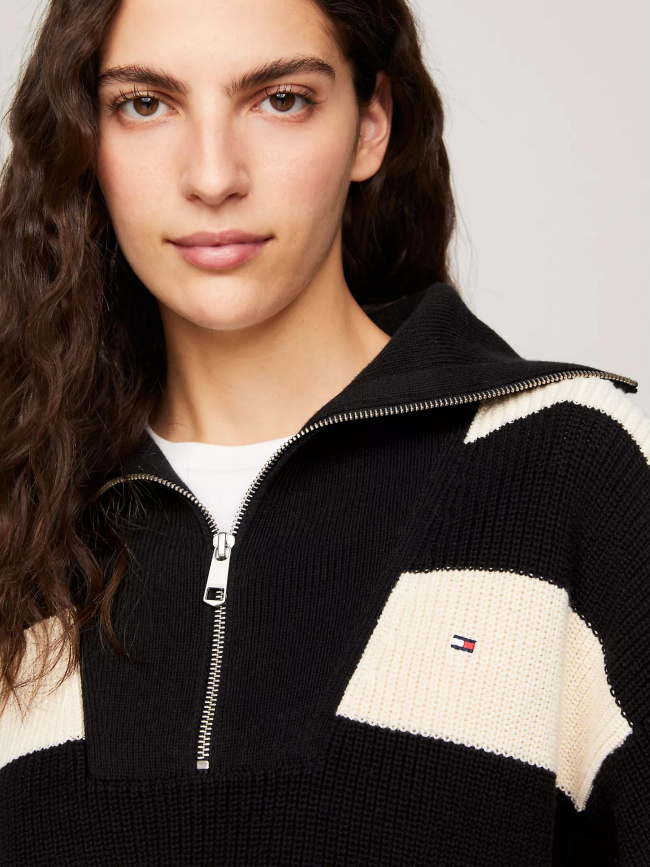 Pull rayé col zippé cardi stitch noir écru femme - Tommy Hilfiger