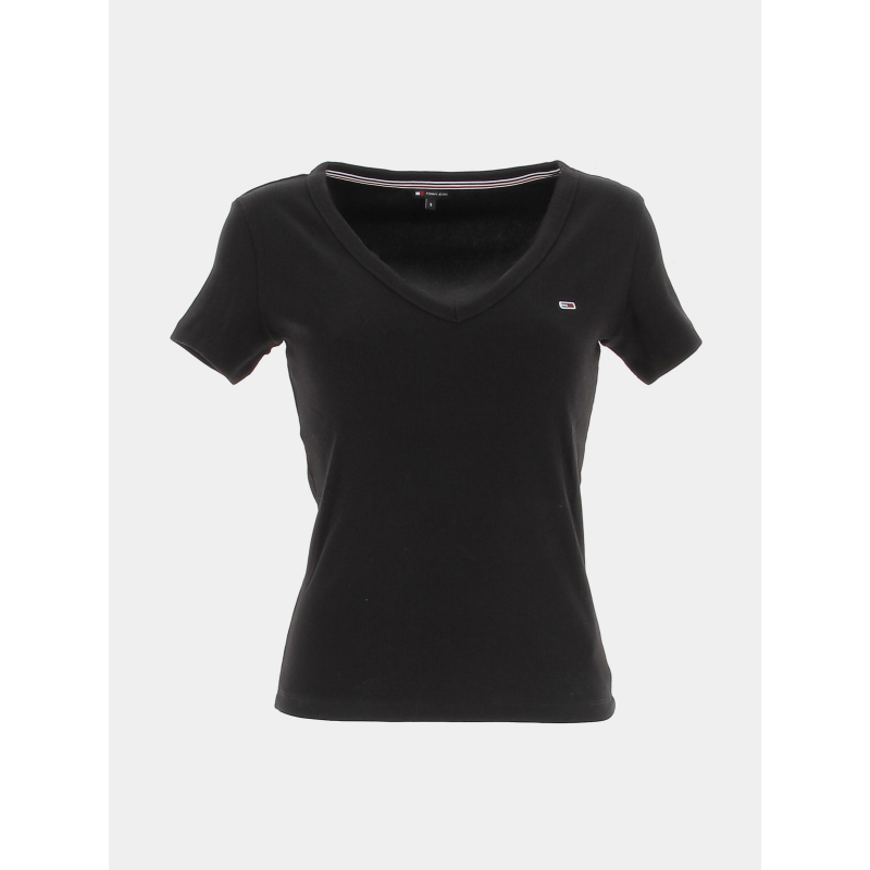 T-shirt slim col v côtelé essential noir femme - Tommy Jeans
