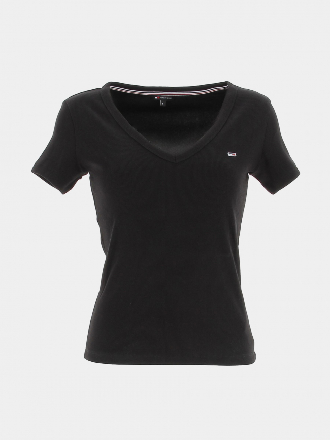 T-shirt slim col v côtelé essential noir femme - Tommy Jeans