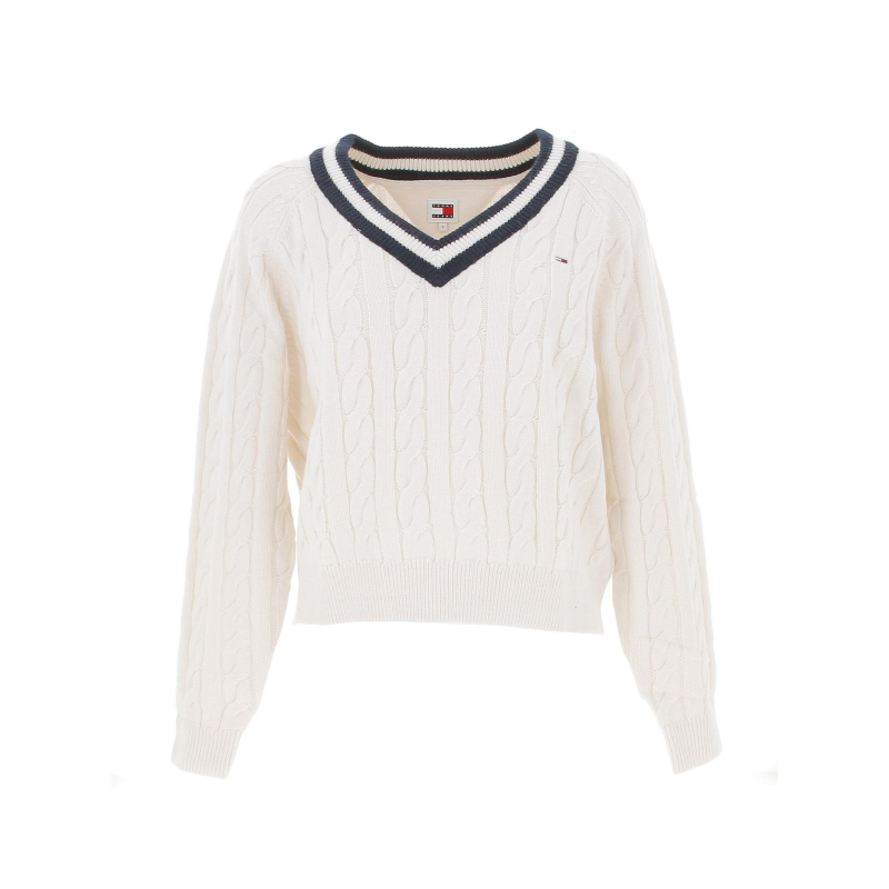 Pull col v cable torsade blanc femme - Tommy Jeans