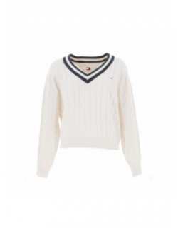 Pull col v cable torsade blanc femme - Tommy Jeans