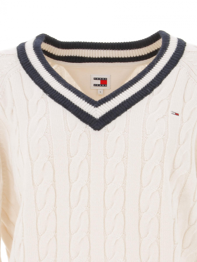 Pull col v cable torsade blanc femme - Tommy Jeans