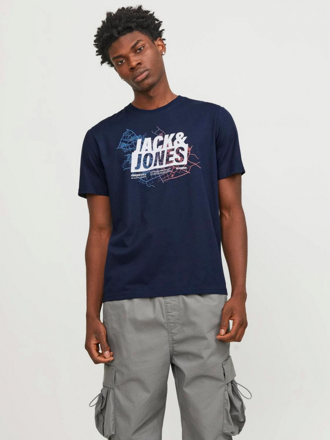 T-shirt map logo bleu marine homme - Jack & Jones