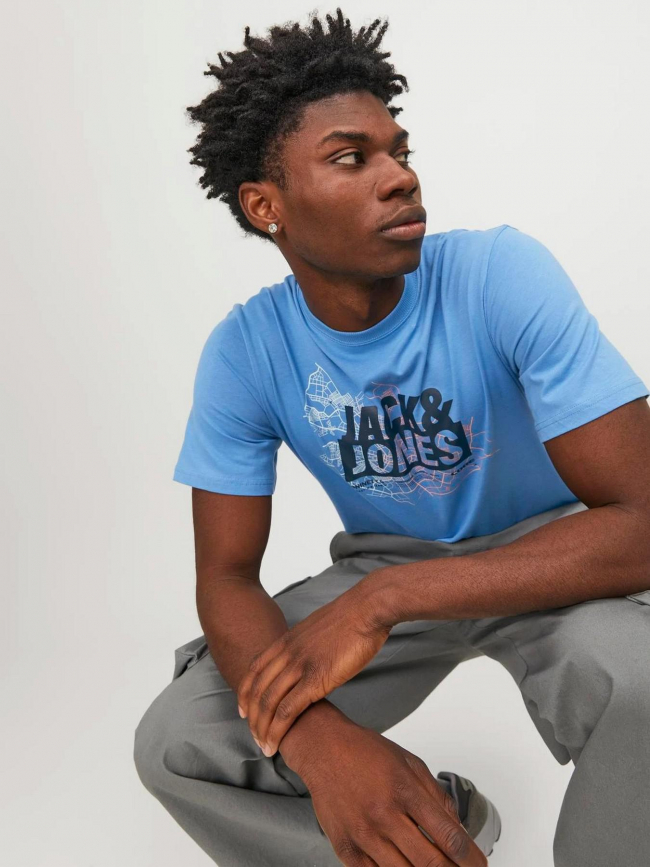 T-shirt map logo bleu homme - Jack & Jones