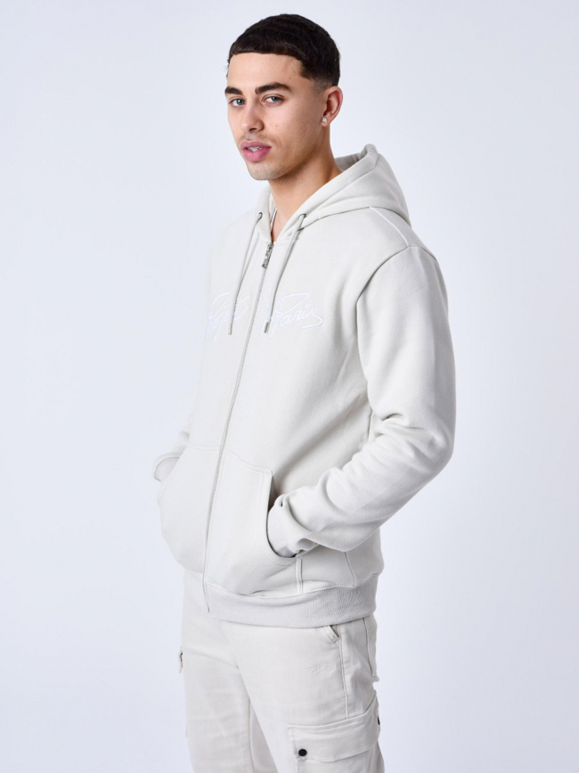 Sweat zippé à capuche logo brodé beige homme - Project X Paris
