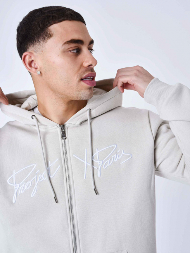 Sweat zippé à capuche logo brodé beige homme - Project X Paris
