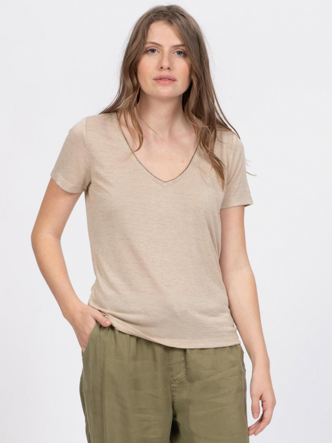 T-shirt pertel col v strass beige femme - Sun Valley