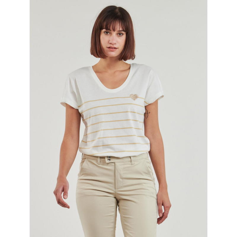 T-shirt rayé col v emily coeur blanc beige femme - Only