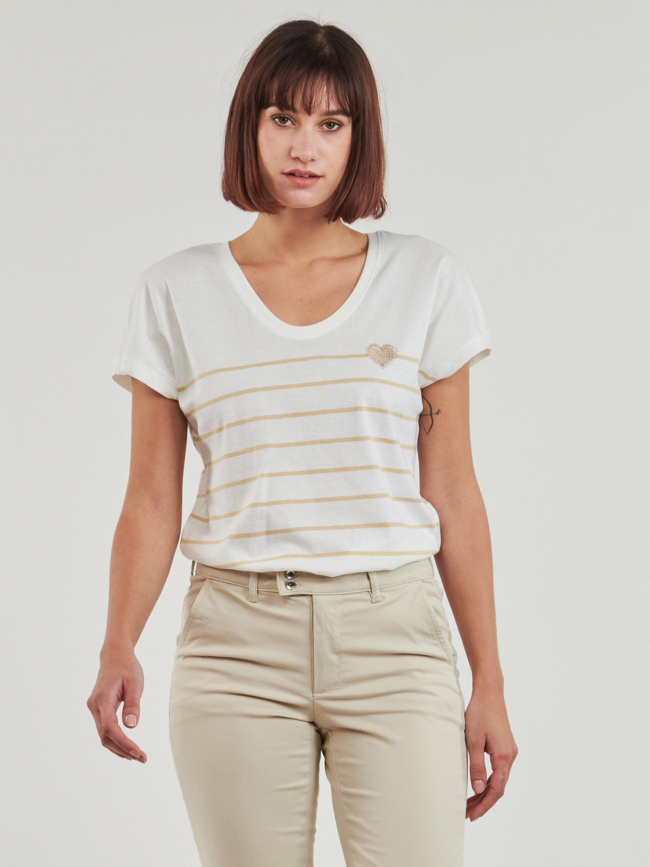 T-shirt rayé col v emily coeur blanc beige femme - Only