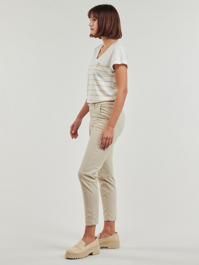 T-shirt rayé col v emily coeur blanc beige femme - Only