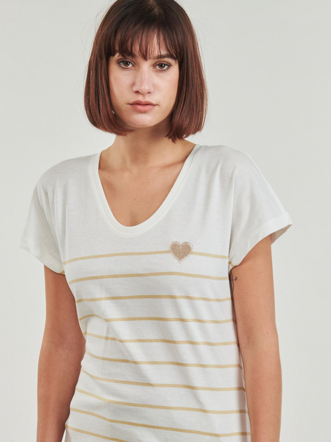 T-shirt rayé col v emily coeur blanc beige femme - Only