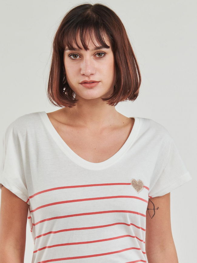 T-shirt rayé col v emily coeur blanc rouge femme - Only