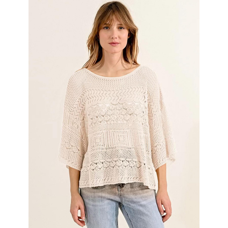 Pull à crochet manche courte beige femme - Molly Bracken