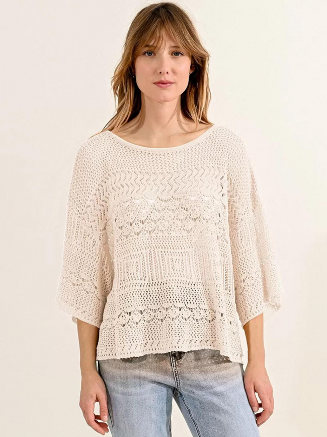 Pull à crochet manche courte beige femme - Molly Bracken