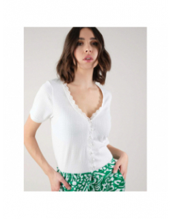 T-shirt col v dentelle aya blanc femme - Deeluxe