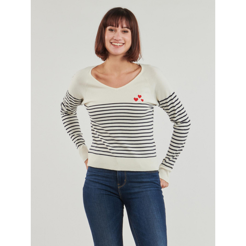 Pull fin rayé coeur brodé tiba blanc femme - Only