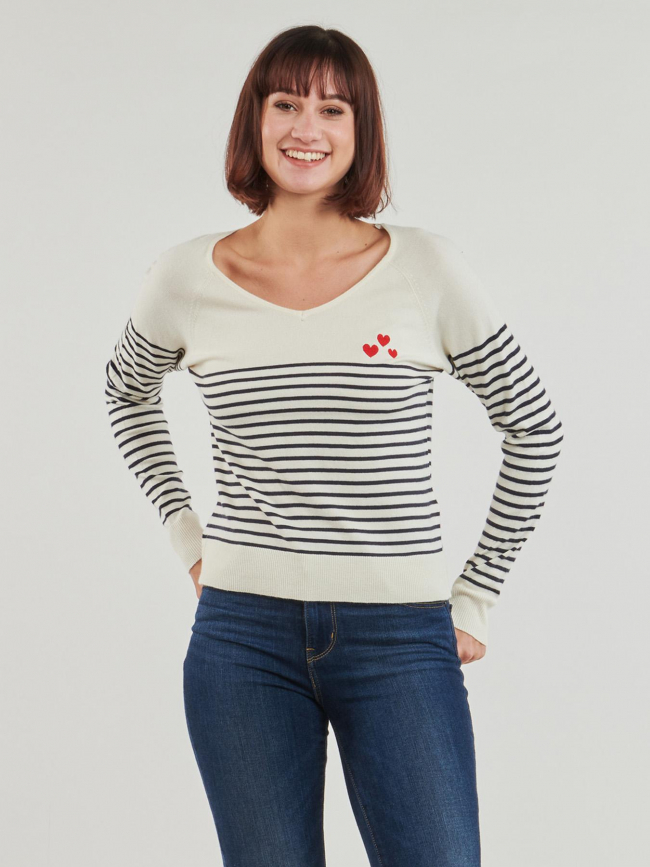 Pull fin rayé coeur brodé tiba blanc femme - Only