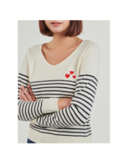 Pull fin rayé coeur brodé tiba blanc femme - Only