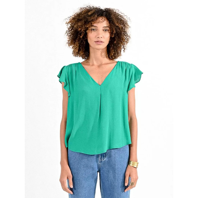 T-shirt col v woven vert femme - Molly Bracken