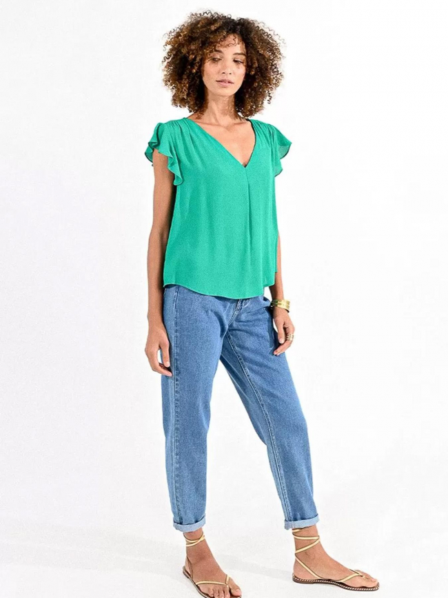 T-shirt col v woven vert femme - Molly Bracken