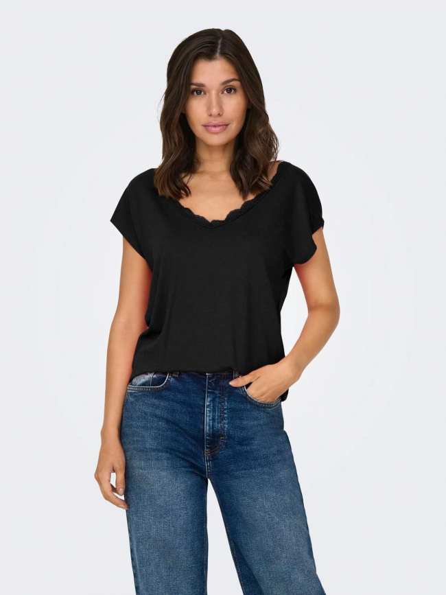 T-shirt col v dentelle moster noir femme - Only