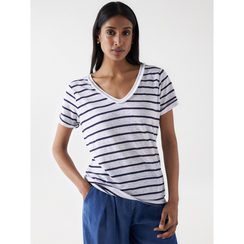 T-shirt rayé col v en lin détails franges blanc femme - Salsa