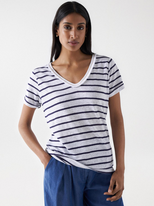 T-shirt rayé col v en lin détails franges blanc femme - Salsa