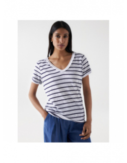 T-shirt rayé col v en lin détails franges blanc femme - Salsa