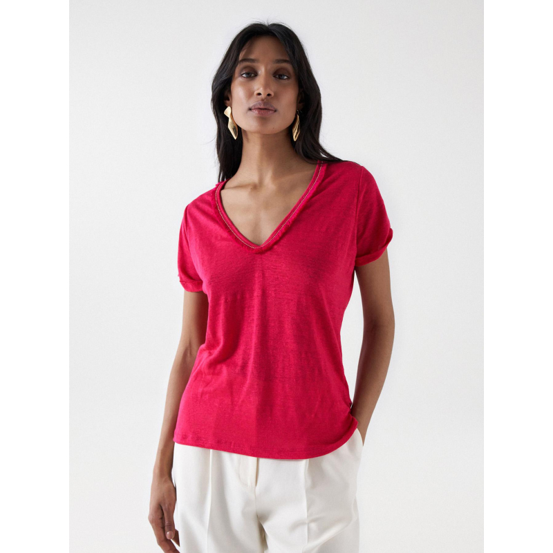 T-shirt col v en lin détails franges rose femme - Salsa